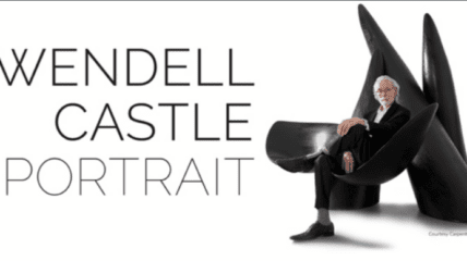 Wendell Castle sits in one of his chairs. Copy next to him reads: Wendell Castle Portrait