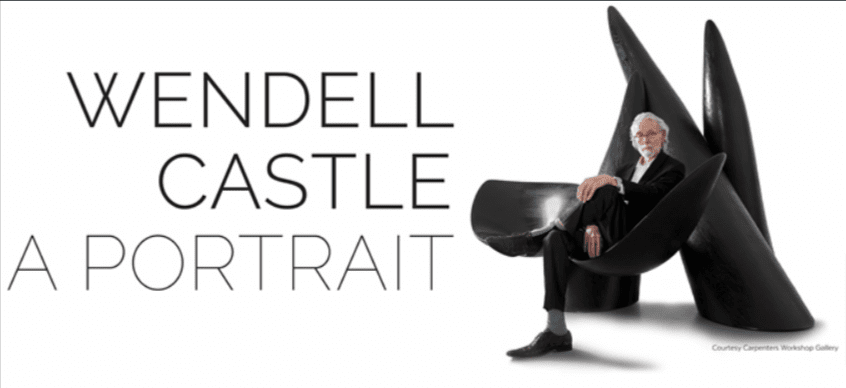 Wendell Castle sits in one of his chairs. Copy next to him reads: Wendell Castle Portrait