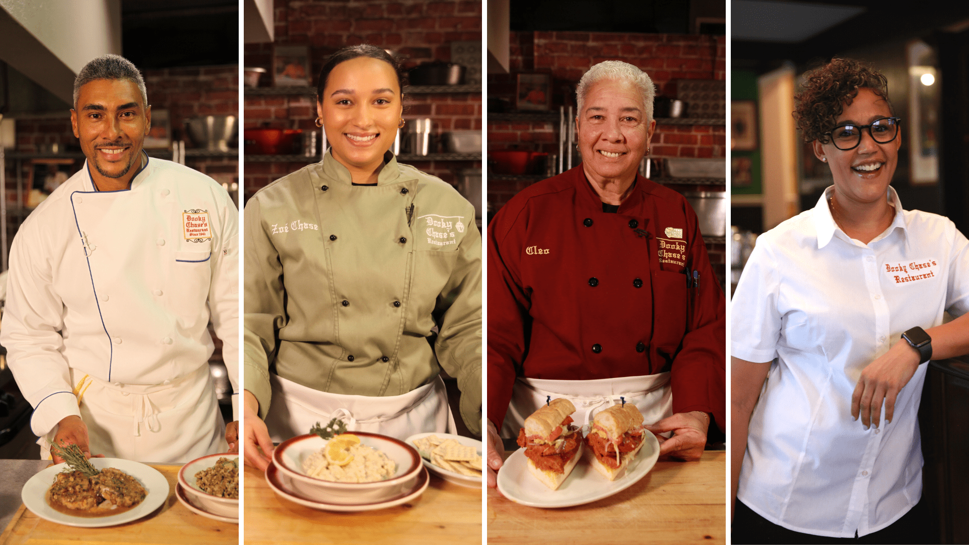 Four chefs stand in their kitchens in front of dish
