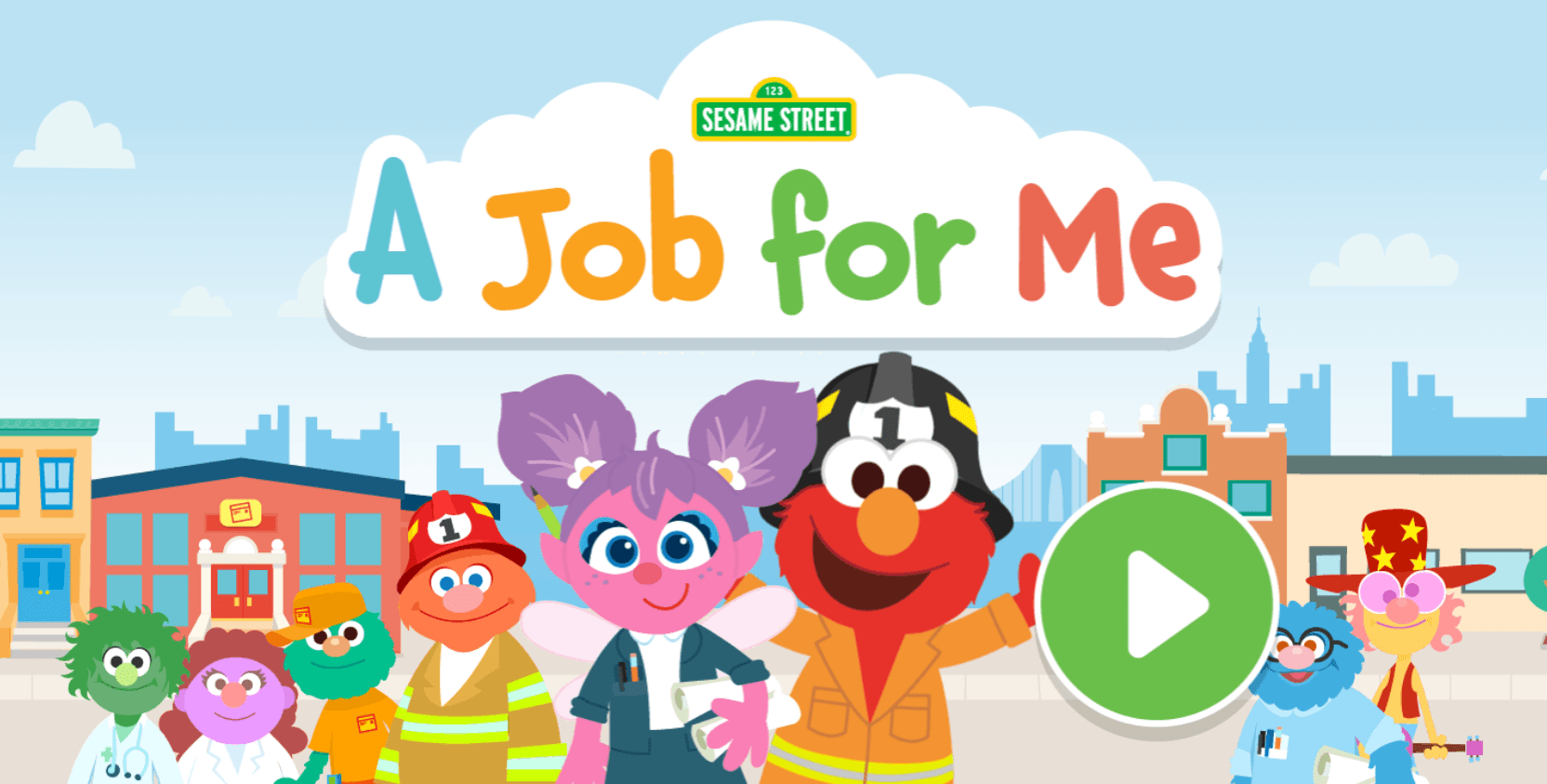 Sesame Street A Job for Me Games Elmo and Abby Cadabby pictured in a neighborhood