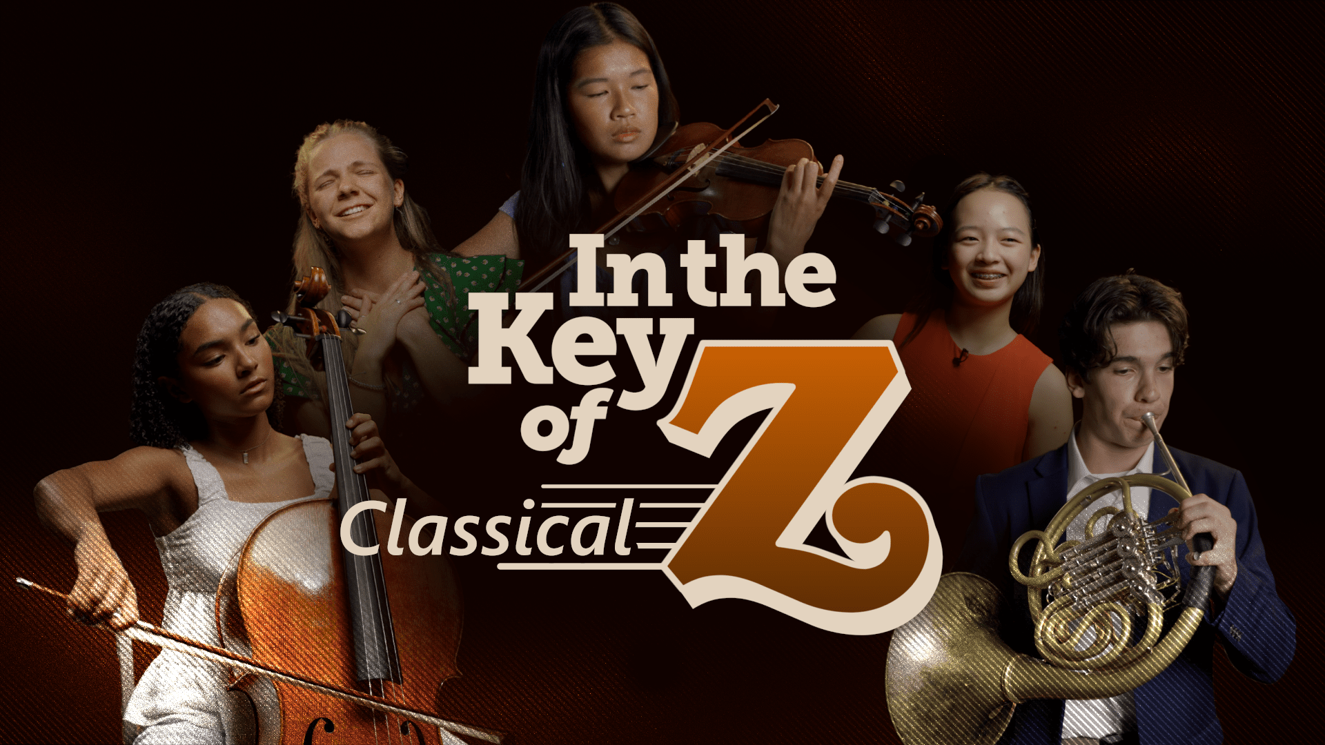 Five Generation Z musicians playing their instrument surropund the "In the Key of Z" logo