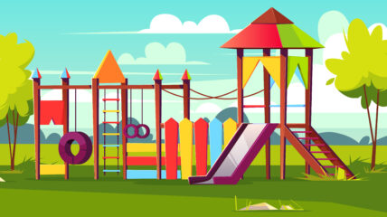 Illustration of a play ground with a slide and swings