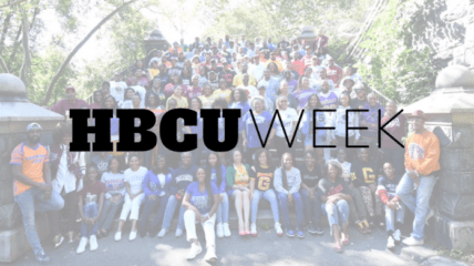Text in Black reads: HBCU Week behind is a large group of Black men and women gathered together on steps