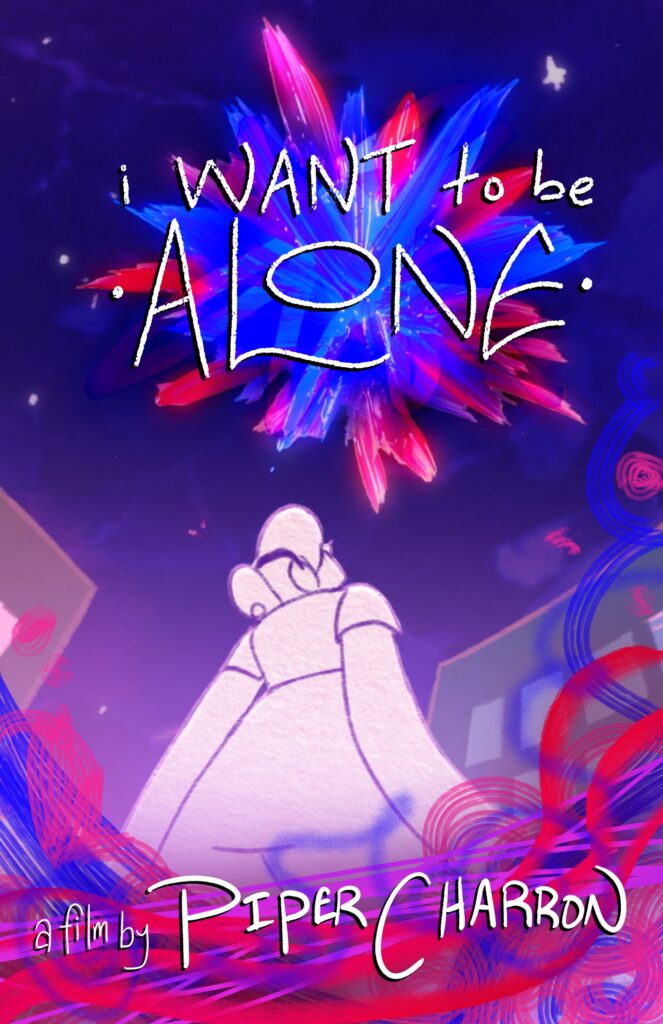 An animation of the back of a young girl wearing a dress and looking up at a starburst of red and blue with words in white that read I WANT TO BE ALONE