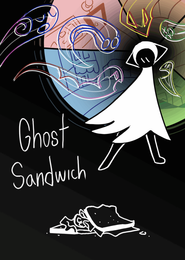 An animation of a girl in a white dress with copy in white on a balck background that read: Ghost Sandwich.