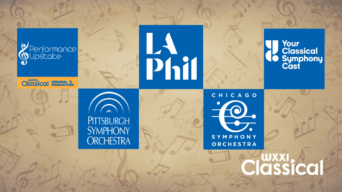 Five blue blocks with radio show titles on a parchment paper background with music notes printed on them