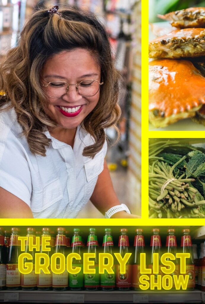 The Grocery List Show: Christy Camba cooking with small photos of ingredients framing the photo.