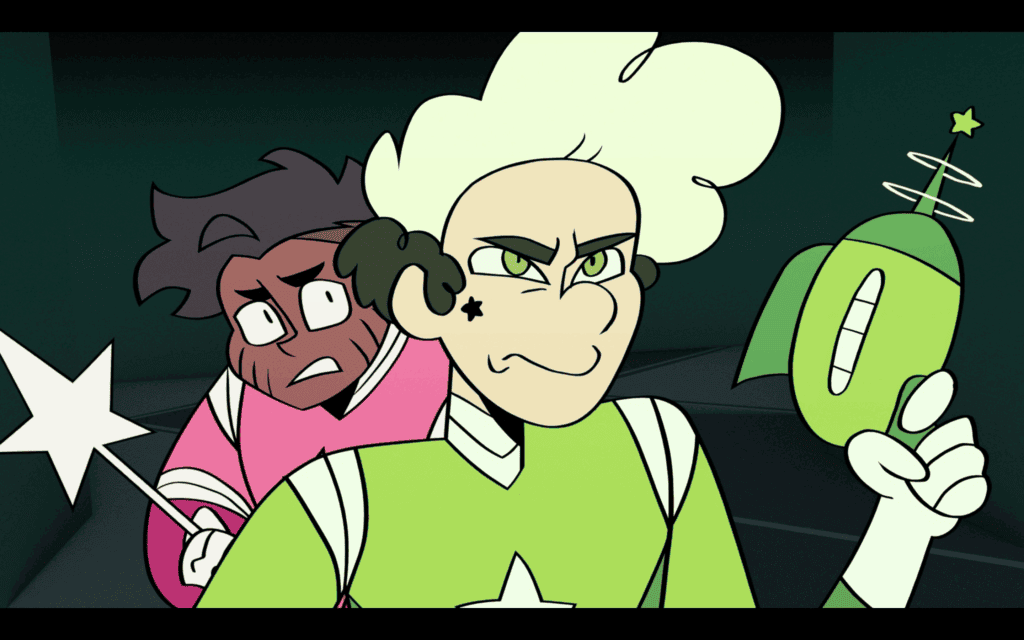 A boy with blonde hair wearing a green space suite looks determined. Behind him a Black boy n a red space suit looking surprised.