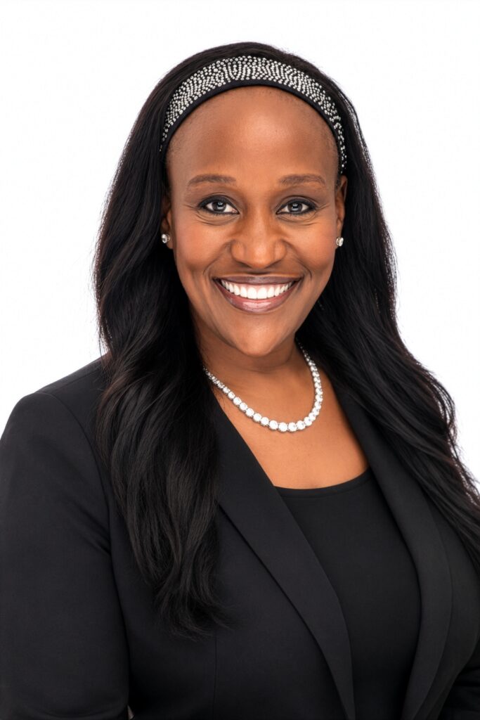 A Black woman with long black hair wearing a black blazer, a diamond necklace and jeweled head band.
