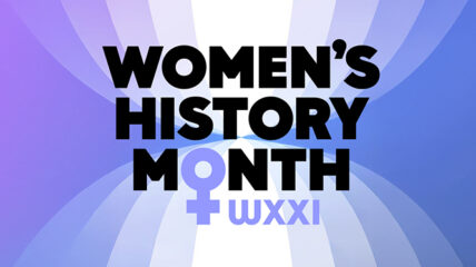Purple gradient swirl background with black type that reads Women's' History Monh. the O in Monthly is the women's symbol
