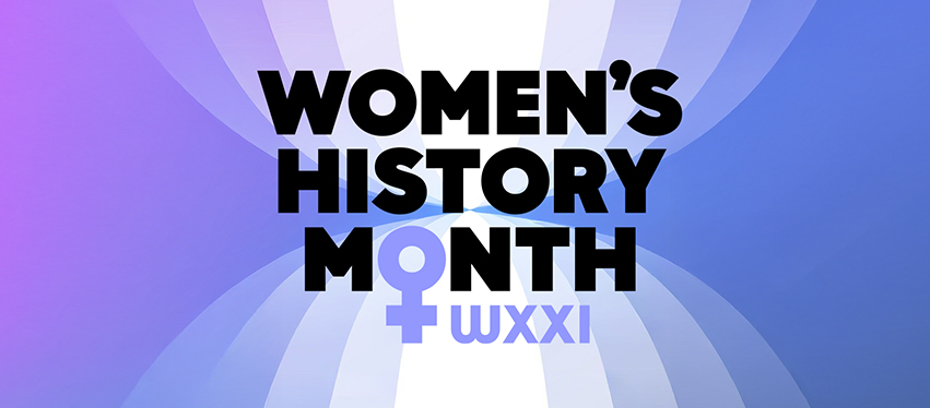 Purple gradient swirl background with black type that reads Women's' History Monh. the O in Monthly is the women's symbol
