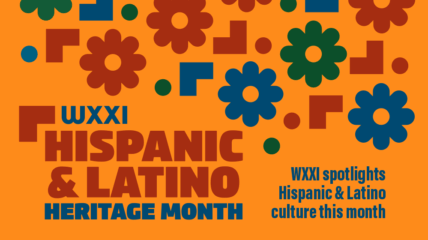 Orange background with blue and red flower outlines and dots. Cipy reads WXXI Hispanic Latino Heritage Month