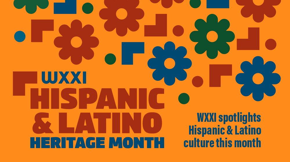 Orange background with blue and red flower outlines and dots. Cipy reads WXXI Hispanic Latino Heritage Month