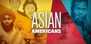 Asian Americans with a montage of Asian Americans in the background