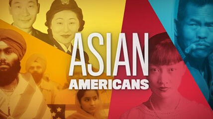 Asian Americans with a montage of Asian Americans in the background