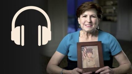 Photos of headphones and CJ Scarlet, holding a framed photo of her in military service