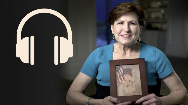 Photos of headphones and CJ Scarlet, holding a framed photo of her in military service