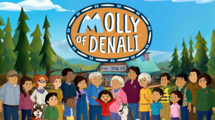 Molly of Denali logo and characters in front of the trading post