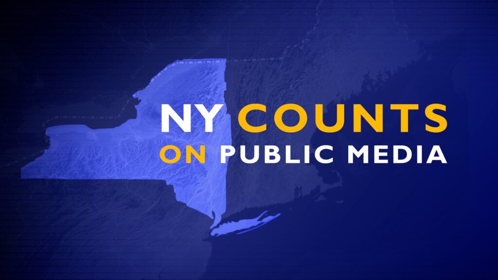 NY Counts on Public Media with a graphic of NY State in the background
