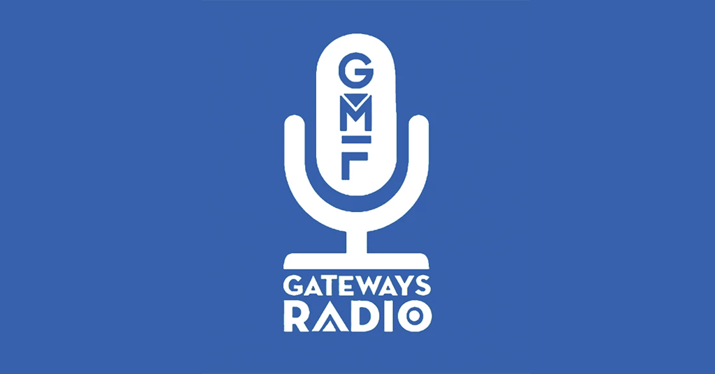 Blue background with Gateways Radio logo in white type
