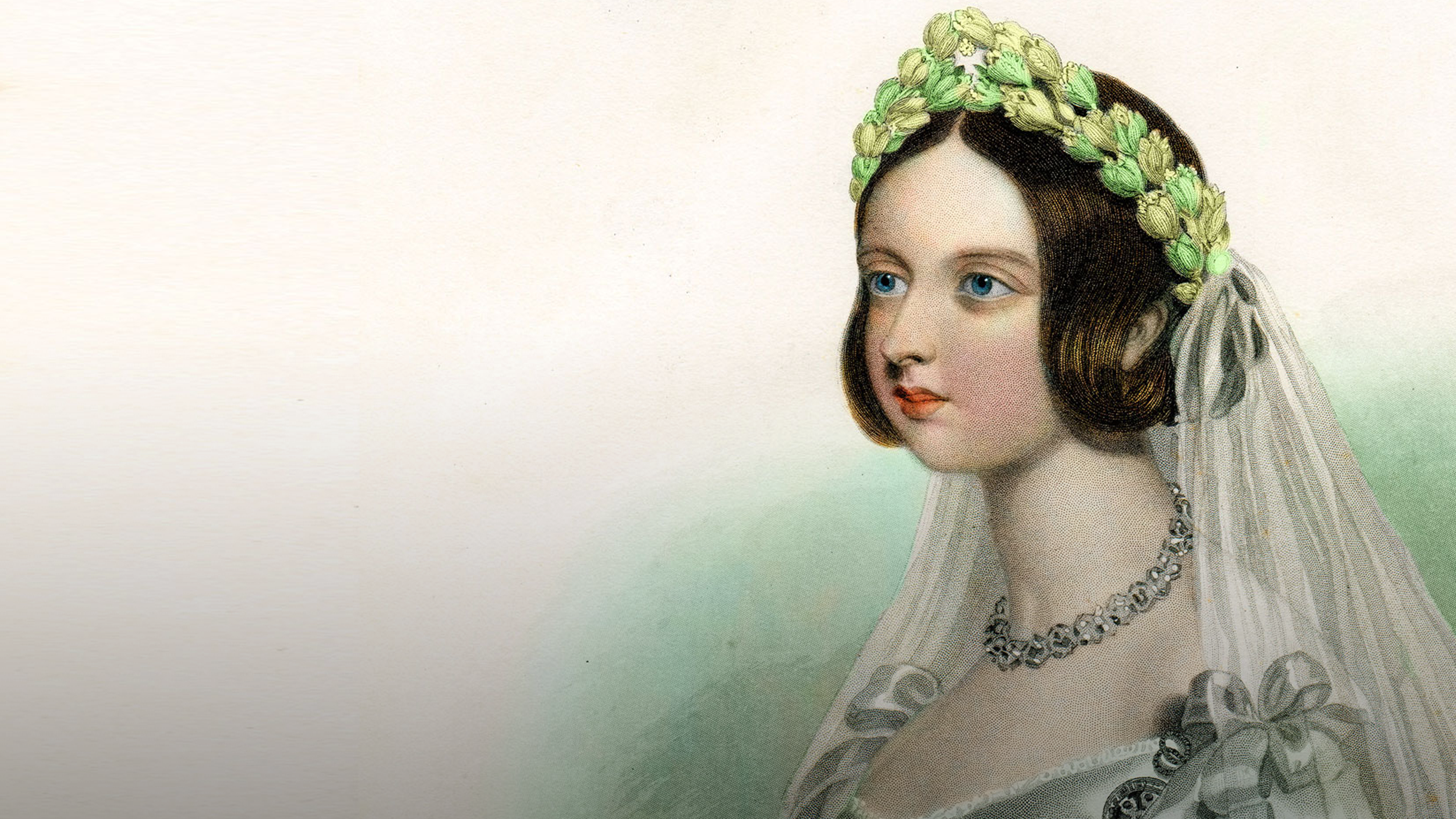 Illustration of a young Queen Victoria with short brown hair wearing a crown of green flowers and a diamond necklace.