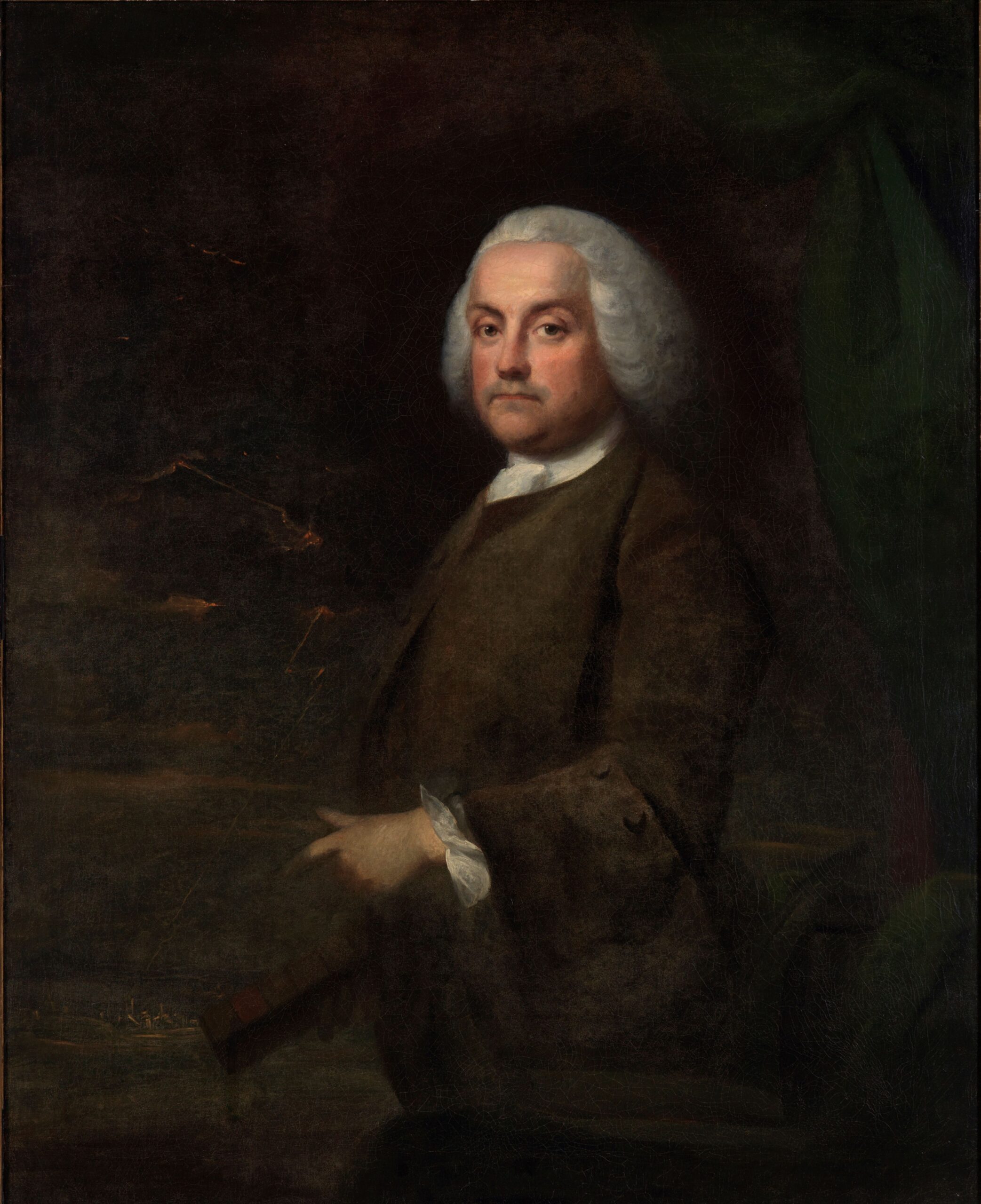 A portrait of a young Benjamin Franklin with gray hair and mustache wearing a white shirt and a brown jacket
