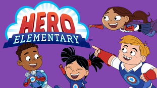 Four PBS Kids characters - two girls and two boys point to a sign that says Hero Elementary