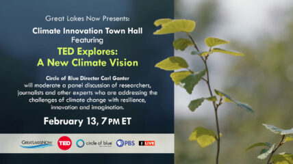 A banner that is split in half. On the right side is a photo of branch with green leaves. The left is a bunch of type in white over a blue background. The type read: Great Lakes Now Presents: Climate Innovation Town Hall