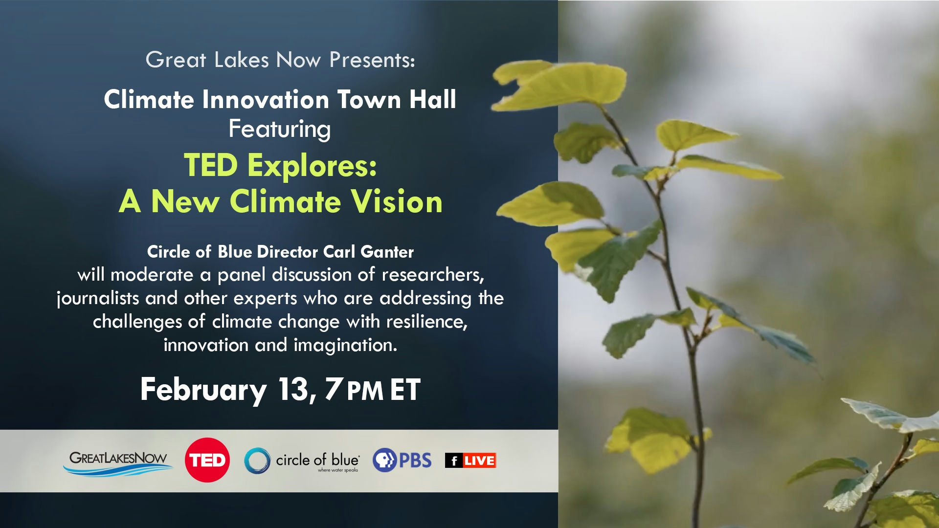 A banner that is split in half. On the right side is a photo of branch with green leaves. The left is a bunch of type in white over a blue background. The type read: Great Lakes Now Presents: Climate Innovation Town Hall