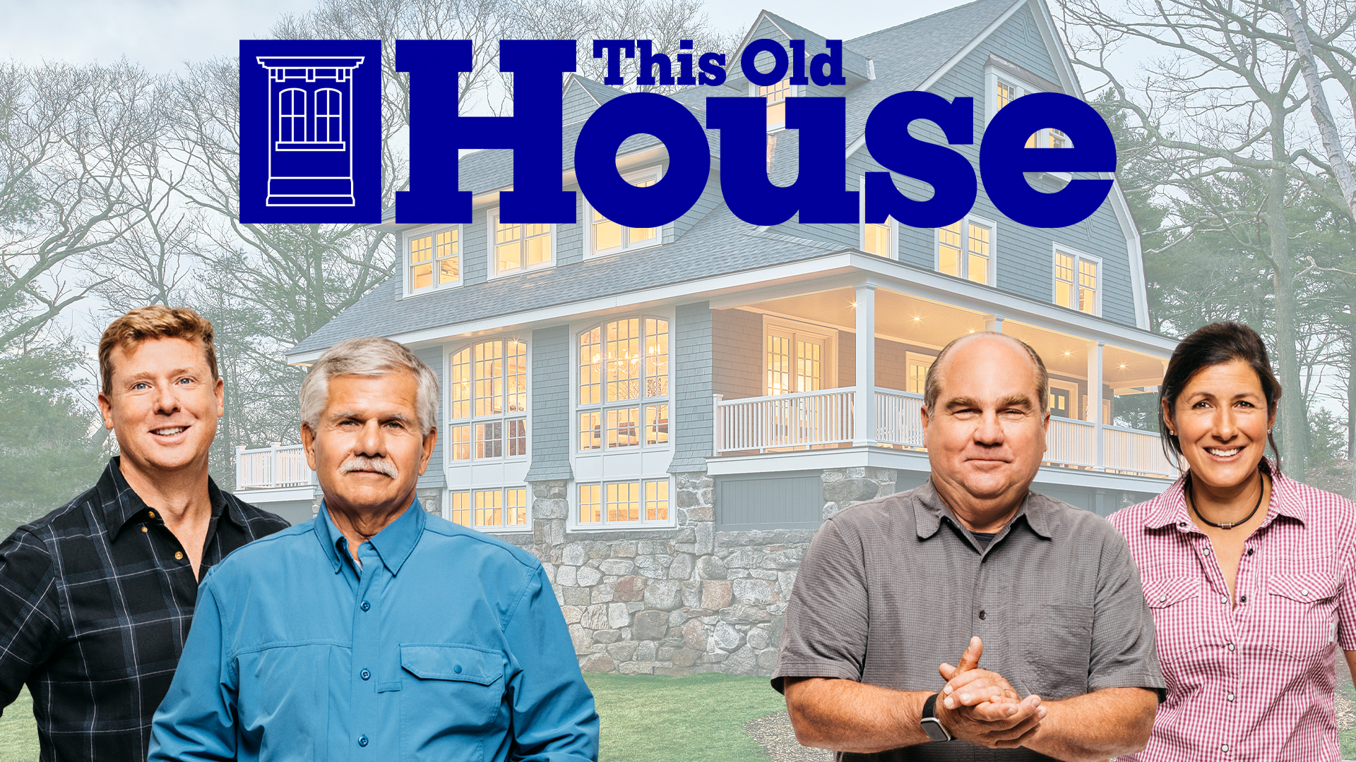 This Old House crew from left to right: a white make with red hair, a white male with gray hear and a mustache, a white male with brown hair on the sides, and white woman with balck hair pulled back in a ponytail. All four are wearing button-down collared shirts,