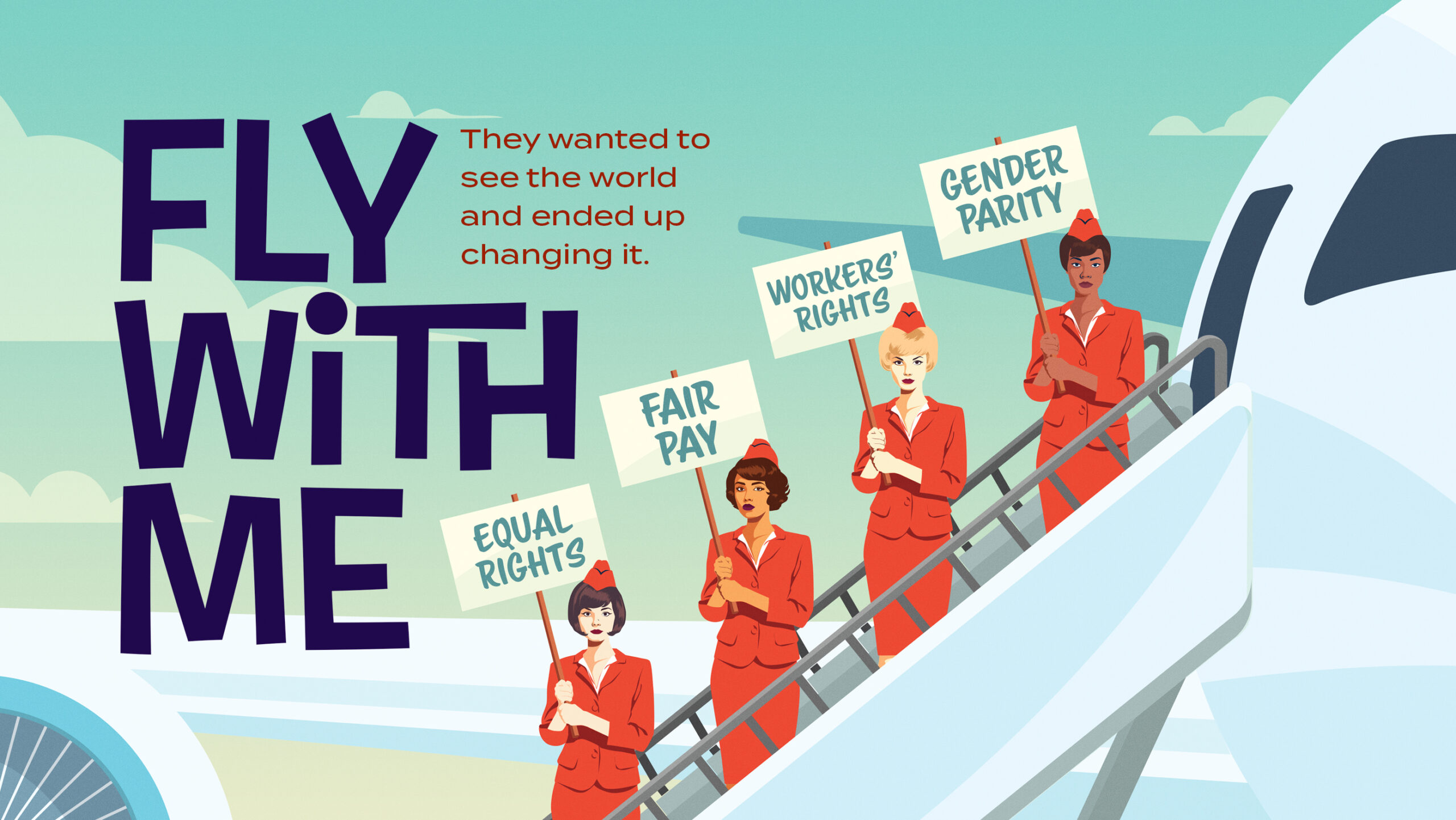 Illustration of four female flight attendants in red suits each holing up a sign as they stand on the stairs boarding to an airplane.