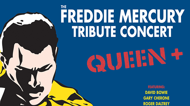 Title card for the show - blue back ground with an illustration of Freddie Mercury - white male with short black hair and a yellow collared shirt. White type reads: Freddie Mercury Tribute Concert. Red type reads: Queen +