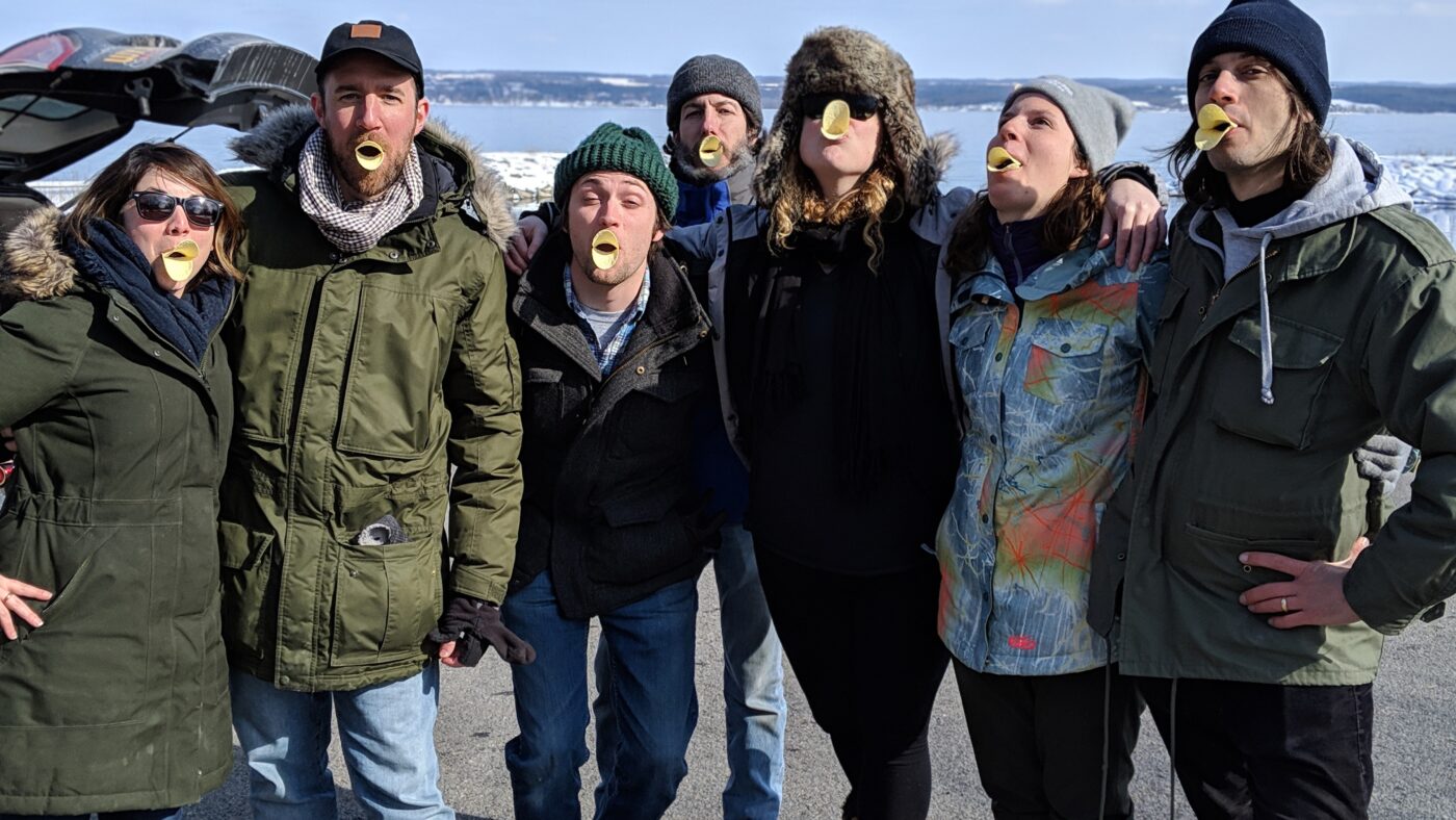 Host and crew with duck beaks