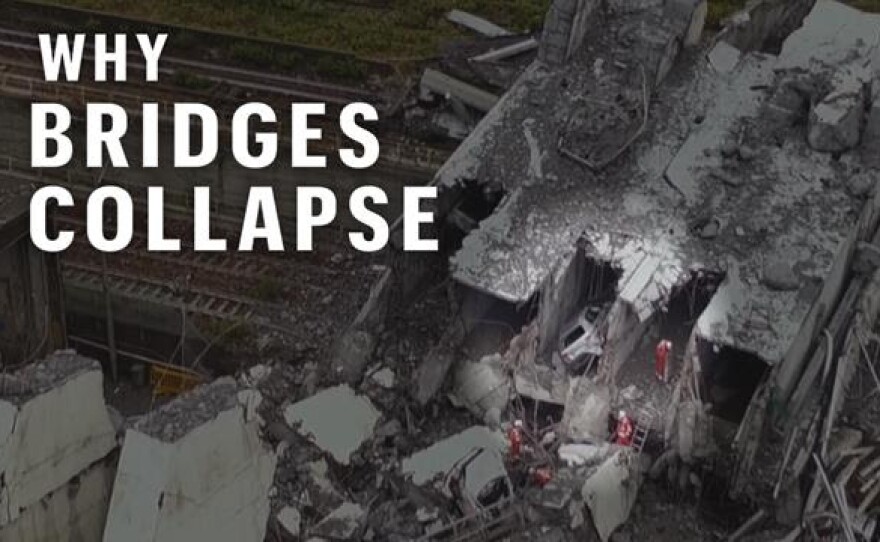 A photo of a collapsed bridge with a construction crew in the rubbles. Type reads: WHY BRIDGES COLLAPSE