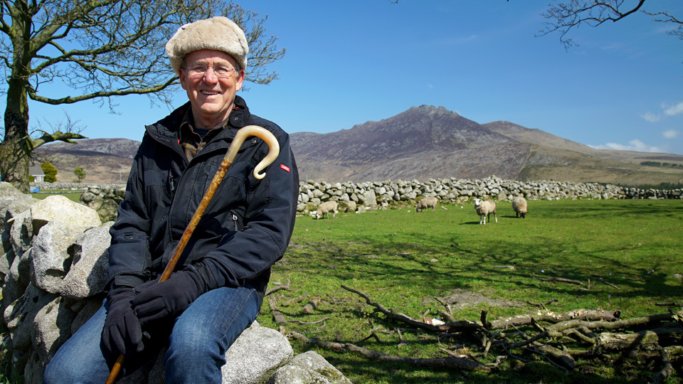 A white older man sits on a rock holding a Shepard's hook. In the background is a flock of sheep.