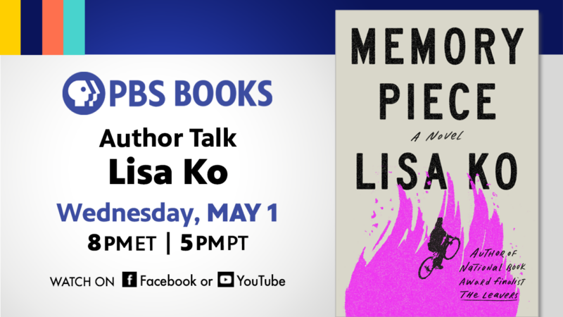 A photo of a book cover that reads: Memory Piece by Lisa Ko with an illustration of a Black silhouette of a person riding a bike