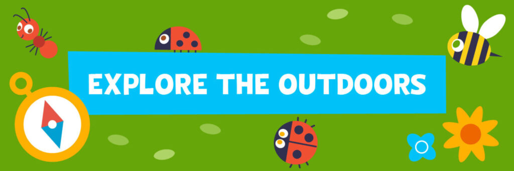 Explore the Outdoors with graphic flowers, bees, ladybugs, ant, leaves and compass