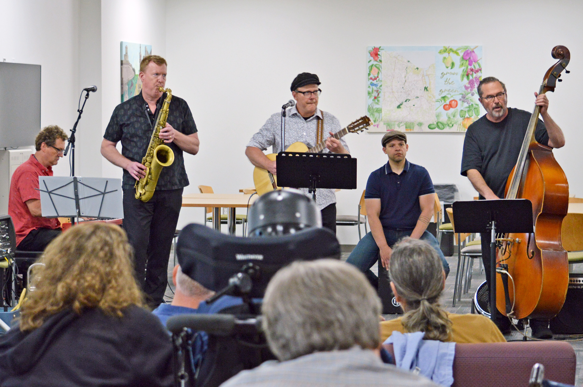 Group of Five Men playing Jazz in white room