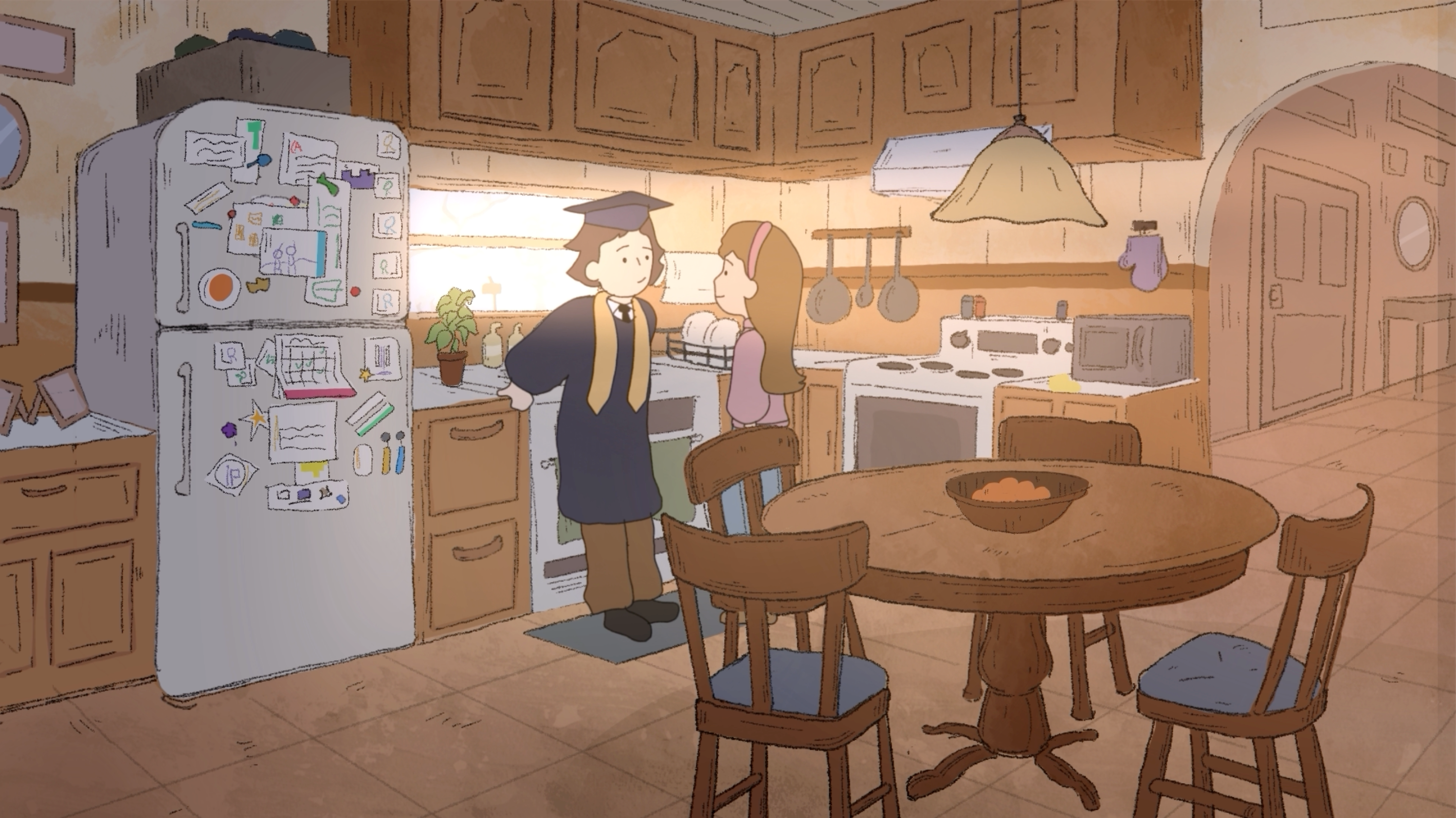 A mom and son in a kitchen standing next to the sink. the son is earing a graduation cap and gown and then mom is looking lovingly at him.