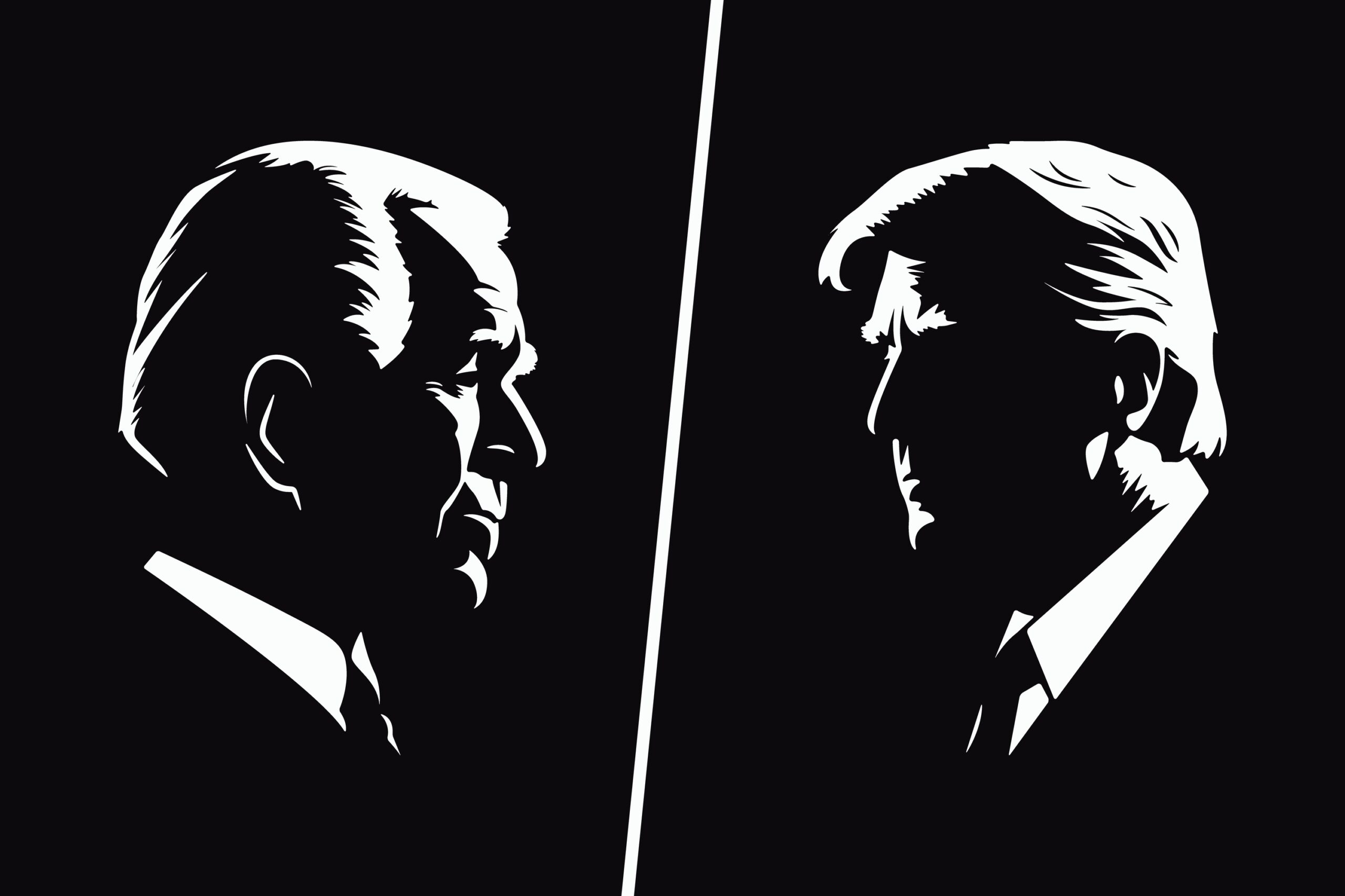 A Black and white illustration of the profiles of President Biden and former President Trump