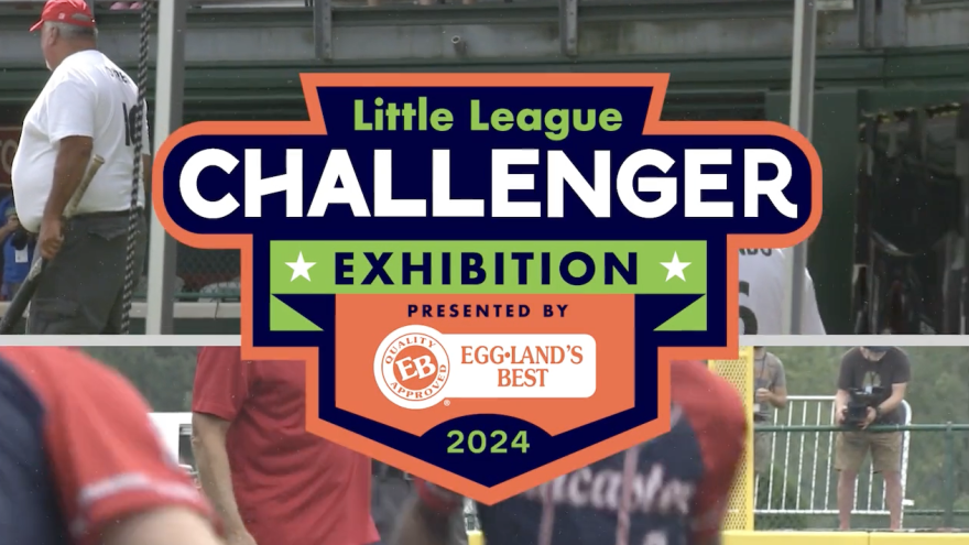 A graphic with three photos in the background on a baseball player getting ready to bat, a close up shot of three players wearing red jerseys and a man in a black t-shirt and tan shorts watching the game. Type over the photo reads: Little League Challenger Exhibition