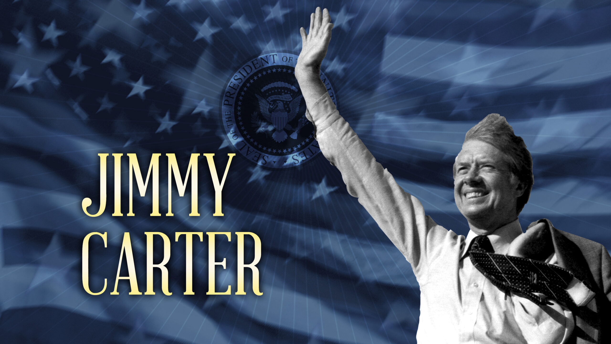 Title card for American Experience: Jimmy Carter. the President is wearing a white shirt and dark tie holding a blazer over his shoulder