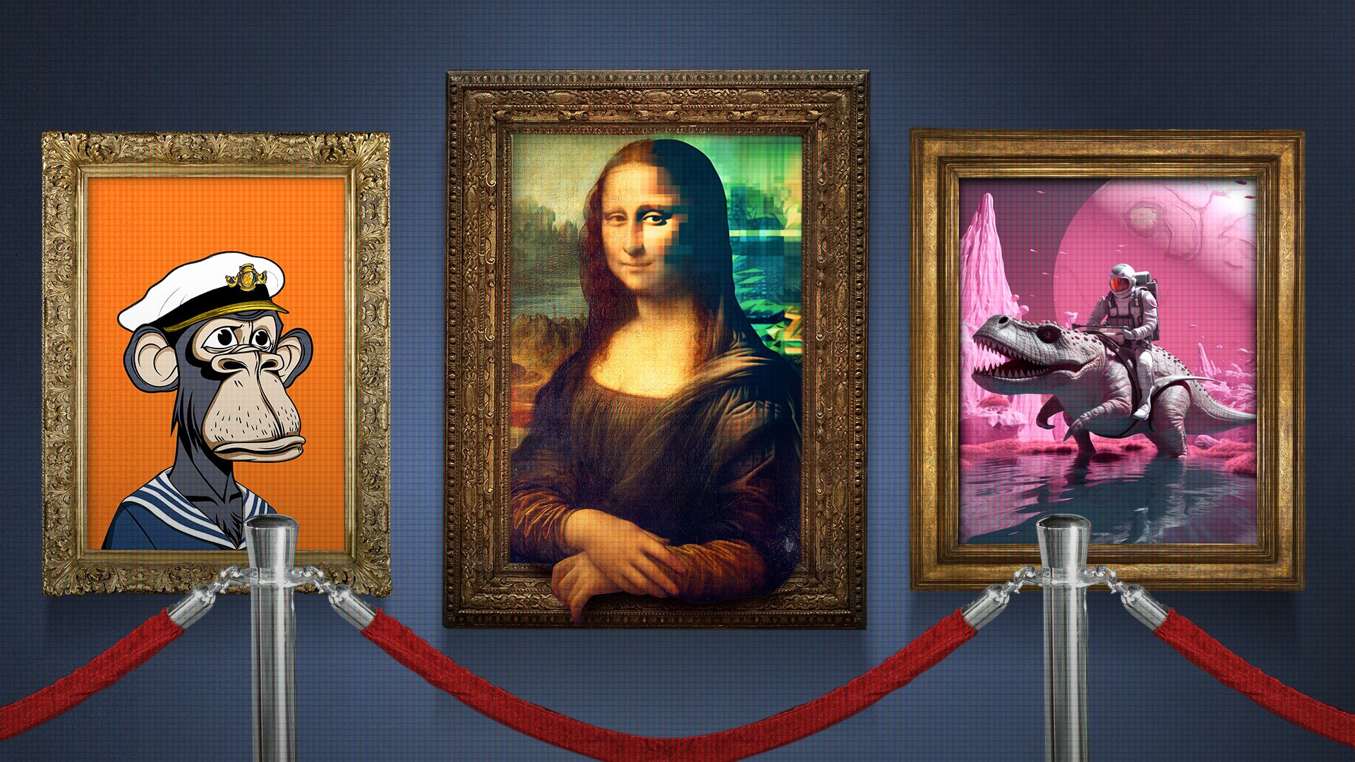 A museum wall featured three paintings - one of a monkey in a sailor suit, the Mona Lisa, + and a man riding a dinosaur.