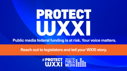 White type on blue background reads Protect My Public Media