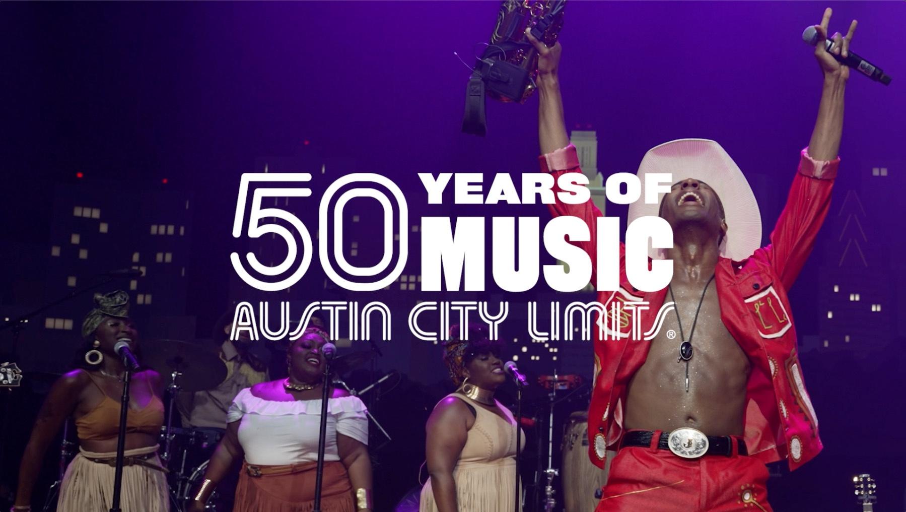 50 Years of Music, Austin City Limits in white type on a background of a photo of John Batiste wearing a red shirt and pants and a white cowboy hat on stage.