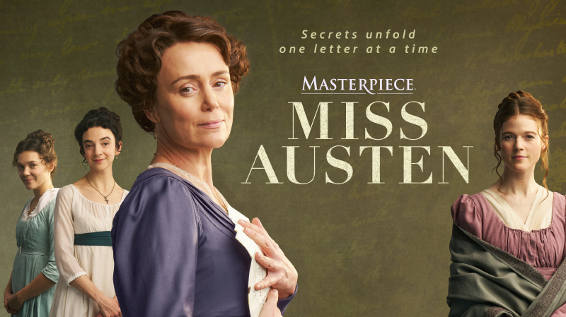 Cast of women surround the Miss Austen logo