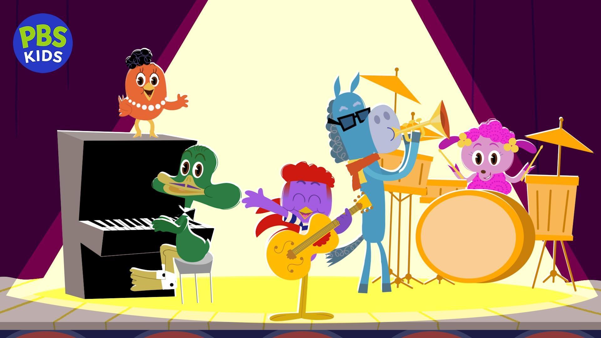 Animated graphic of Acoustic Rooster and his barnyard band on the stage with instruments