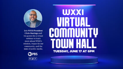 WXXI President Chris Hastings wearing a gray shirt and blue blazer with copy in white text on a blue background that readsL WXXI VIRTUAL COMMUNITY TOWN HALL