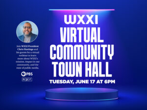 WXXI President Chris Hastings wearing a gray shirt and blue blazer with copy in white text on a blue background that readsL WXXI VIRTUAL COMMUNITY TOWN HALL