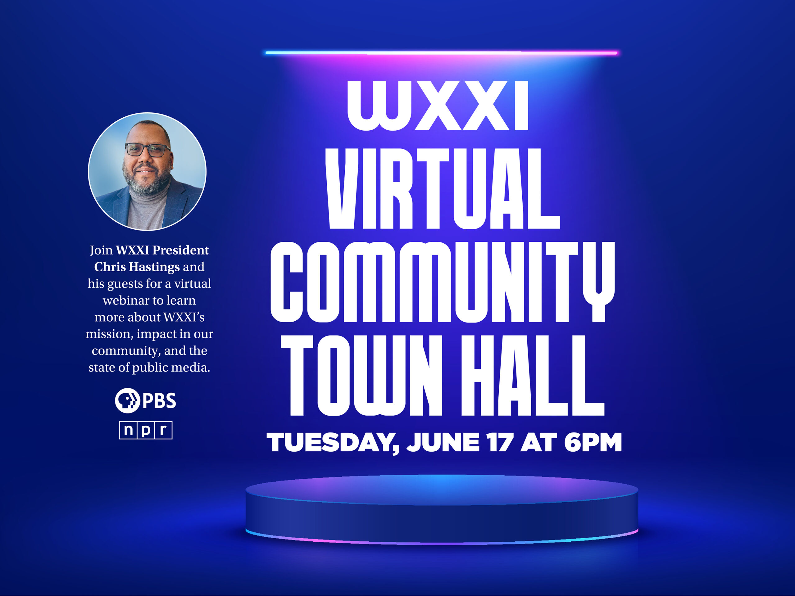WXXI President Chris Hastings wearing a gray shirt and blue blazer with copy in white text on a blue background that readsL WXXI VIRTUAL COMMUNITY TOWN HALL
